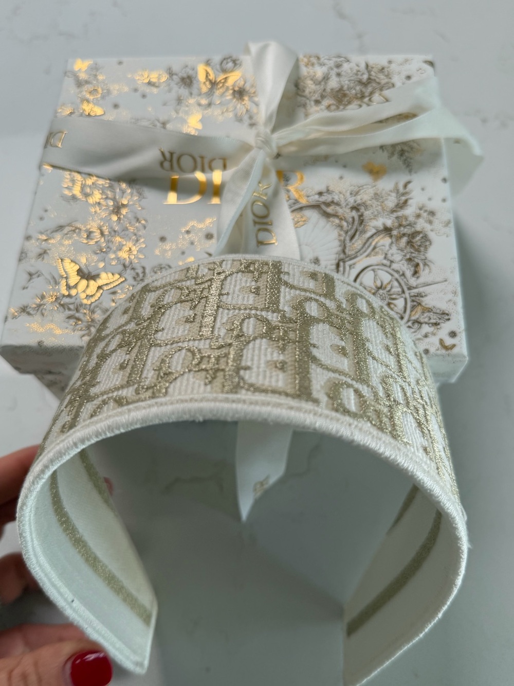 AUTHENTIC Christian Dior Oblique White and Gold Embroidered Logo Headband